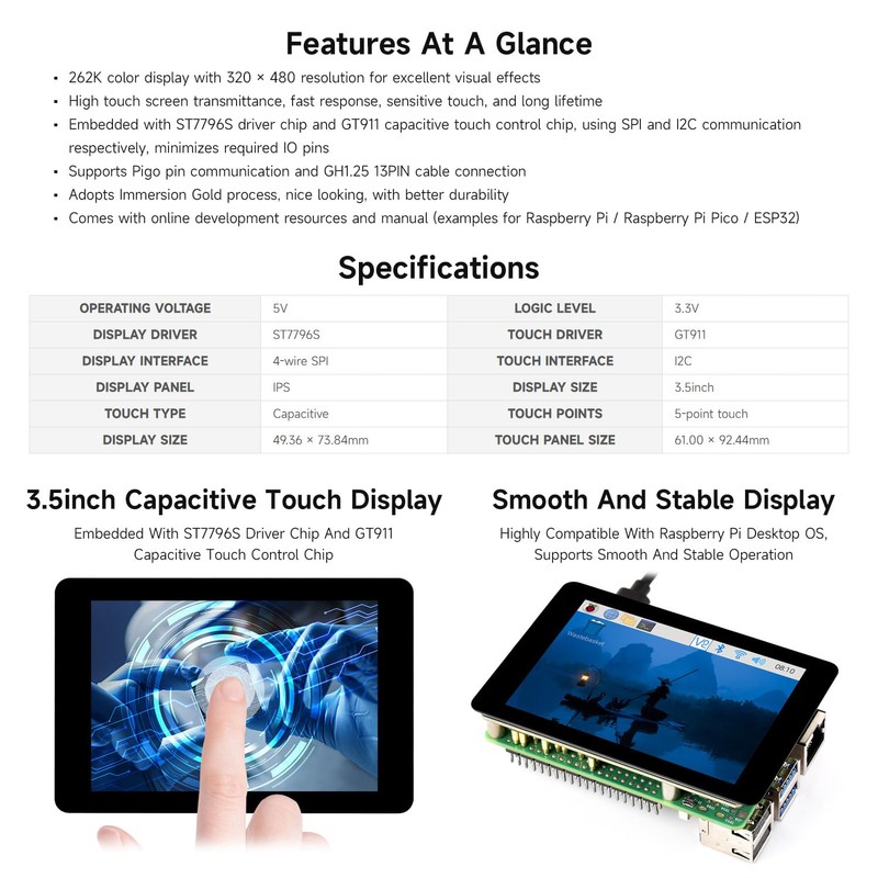 Waveshare 3.5inch Capacitive Touch Display (F) For Raspberry Pi, IPS