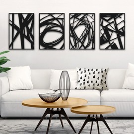Black Abstract Wall Art, Metal Art Wall Decor, Modern Large Wall Art, 3D Abstract Wall Sculptures for Bedroom Bathroom Living Room (4 Pack, 22.5 x 16 in)