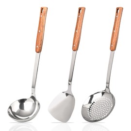 FJNATINH 3Pack Stainless Steel Kitchen Utensils Set with Wooden Handle, Wok Spatula & Ladle & Skimmer Spoon for Turning, Cooking, Serving, Soup, Draining