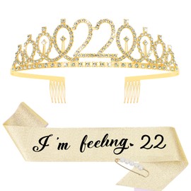 CIEHER 22th Birthday Sash and Tiara Gold 22th Birthday Decorations Women 22th Birthday Gifts 22th Birthday Sash 22 Year Old Birthday 22 Birthday Sash 22th Birthday Crown Happy 22 Birthday