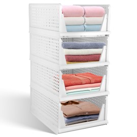 Whitmor Foldable Closet Storage Basket 4 Pack, Space-Saving & Stackable Clothes Storage Organizer, Heavy Duty & Multifunctional Plastic Drawer Shelves for Wardrobe, Kitchen, Bathroom, White