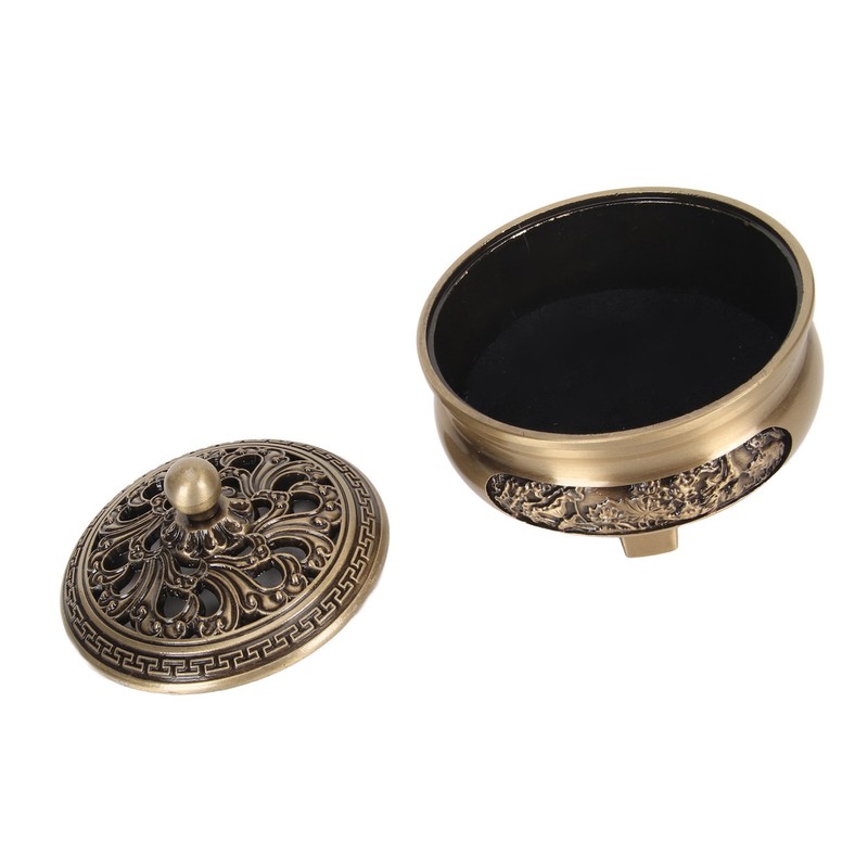 Coil Incense Burner with Lid Antique Beautifully Carved Electroplating Zinc