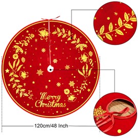 Merry Christmas Tree Skirt,48 inches Xmas Tree Decorations Red Gold Christmas Tree Mat Large Christmas Tree Base Covers for New Year Party Christmas Decorations Indoor Outdoor Holiday Decor