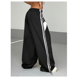 BEAUDRM Women's Striped Baggy Pants Elastic Waist Wide Leg Track Parachute Pants Casual Oversized Sweatpants Streetwear Black X-Large