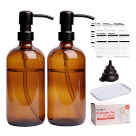 Amber Glass Soap Dispenser, 2 Pack Bathroom Kitchen Soap Dispenser Set with Stainless Steel Pump, 16 oz Dish Soap Hand Soap Dispensers
