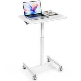iPower Standing Desk Small Rolling Desk with Lockable Wheels, Mobile Stand Up Desk Adjustable Height 28-43 Inch, Portable Laptop Desk, Small Computer Standing Table Sit Stand White