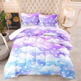 BailiPromise Blue Cloud 3 Piece Comforter Set Twin Size,Moon Bedding Set,Soft Warm Lightweight,Fluffy Down Alternative,1 Comforter + 2 Pillow Cases,Fit for All Seasons,