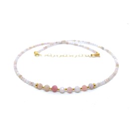 Pink Opal Chain Natural Stone 925 Sterling Silver 24K Gold Plated Length 40cm Adjustable to 45cm