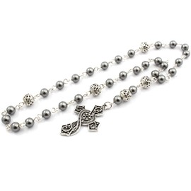 Anglican Prayer Beads with Dark Gray Pearls with Ornate Cross, Anglican Rosary, Pearl Prayer Beads, Custom Rosary