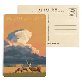 South Dakota, White-tailed Deer and Rain Cloud, Lithograph (4x6 Birch Wood Postcards, 2-Pack Stationary, Rustic Home Wall Decor)