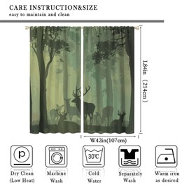 LIZIMI Deer Blackout Curtain,Green Misty Forest Rustic Wildlife Moose Mountain Elk Birds Pine Forest Silhouette Window Curtains for Kitchen Cafe Office Window Drapes,2 Panels W84 xL84
