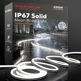Shine Decor Outdoor Neon Rope Light IP67 Waterproof, ETL Listed Plug&Play 120V Driverless Flexible Solid Silicone LED Neon Lighting, -40 F Cold Resistant Durable for Pathway, 10ft 6500K Cool White