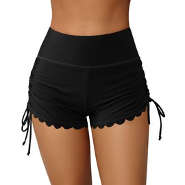 Charmo Women Board Shorts Adjustable Drawstring Side Swim Shorts Scalloped Bikini Bottom Black XL