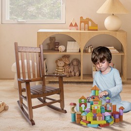 Hngilkoo Wooden Rocking Chair for Toddlers and Children Comfy Recliner Rocker for Baby Girls Outdoor Lounge Chair for Kids Age 6-10 Indoor Brown