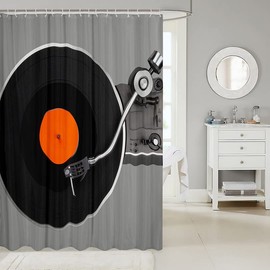 Vinyl Record Shower Curtain CD Card Bath Curtain for Kids Teens Disc Music Bathroom Shower Curtain Set Grey Black Kids Bathroom Accessories Decor 72"x72"