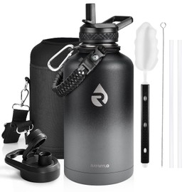 RAYMYLO Insulated Water Bottle 64 oz, Triple Wall Vacuum Stainless Steel (Cold for 48 Hrs), Leak Proof & BPA-Free, Half Gallon Water Flask Jug with Paracord Handle & Straw Spout Lids, Dark Gray