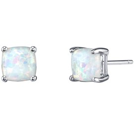 Peora 14K White Gold Created White Fire Opal Stud Earrings for Women, Cushion Cut 6mm, 1 Carat total, Friction Back, October Birthstone Earrings, Dainty, Iridescent Earrings