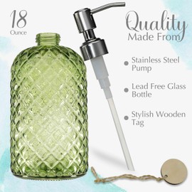 JASAI 18Oz Tea Green Soap Dispenser with Rust Proof Pump, Refillable Glass Soap Dispenser for Bathroom & Kitchen to Dispense Dish Soap, Hand soap, Lotion.