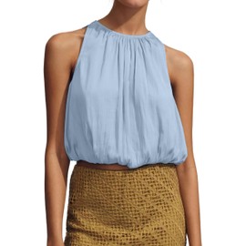 Ythomm Women’s Halter Crop Bubble Tops Summer Sleeveless Crewneck Puffy Hem Cropped Tank Tops Fitted Cute Going Out Shirt Top Blue