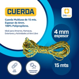 24tarpp Cuerda 4MM Amarilla SOGA para Amarre Multiusos Lazo para TENSAR Malla Sombra Y Lonas SOGA DE Uso RUDO Amarilla 4MM 15 MTS