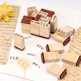 Toptime Wooden Stamps, 20 PCS Stamp Set - Month, Week and Weekly, Vintage Mini Rubber Stamps with Ink Pad, Date Stamp with Paper Box, Stamp Kit for Planner, Bullet Journal, Crafting, Scrapbooking
