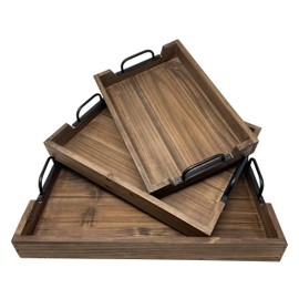 3 Piece Decorative Nested Vintage Wood Serving Tray Set for Coffee Table or Ottoman – Rustic Wooden Breakfast Trays for Kitchen, Dining Room, or Living Room – Farmhouse Platter w/Handles – Brown