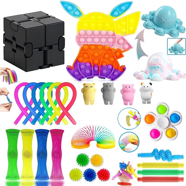 Fidget Toys Pack, 30Pcs Fidget Toys for Kids Adults, Sensory Fidgets Pack Anxiety Relief Toys for Autism, Simple Fidget Box with Fidget Popper for Party Bag Fillers, School Classroom Reward