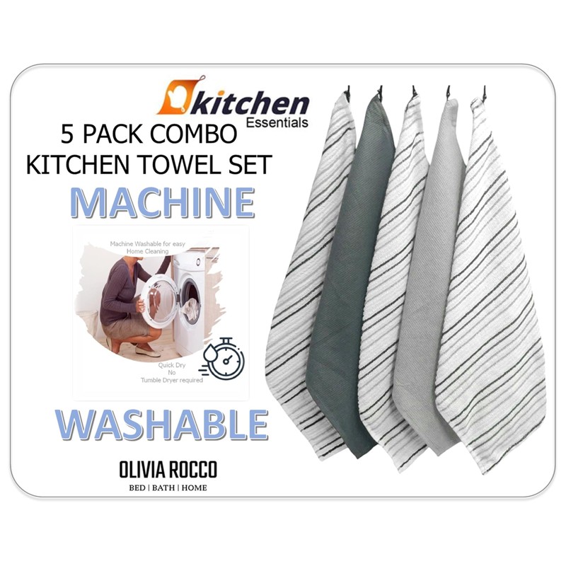 Olivia Rocco 5 Pack Striped Kitchen Tea Towels Cotton Super