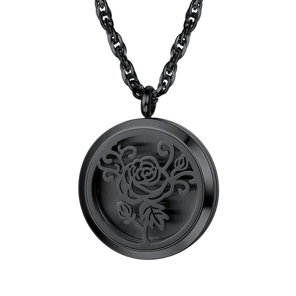 PROSTEEL Diffuser Aromatherapy Necklace,Perfume Locket Pendant Charm,Delicate Rose Flower Hot Women Jewelry,Black Stainless Steel,Valentine