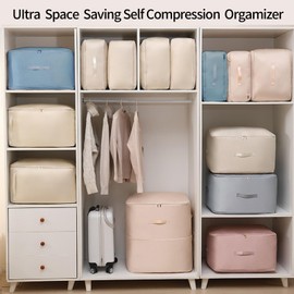 Fycyko Pack of 2 Ultra Space-Saving Self-Compressing Organiser, Underbed Storage Box, Storage Bag for Quilts and Clothes, Grey, L, XL