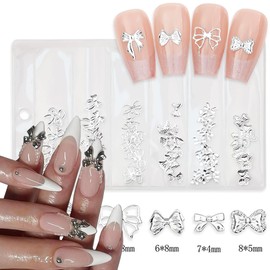 400Pcs Bow Nail Charms 3D Silver Nail Rhinestones for Nail Alloy Cute Nail Jewelry Metallic Gold Manicure Studs Nail Art Supplies Bling Gold Nail Gems Manicure Kits for Women Acrylic Salon Decorations