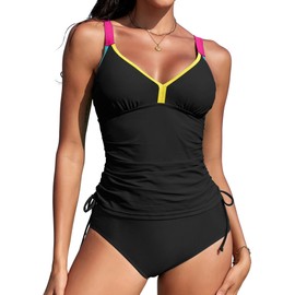 ZAFUL - Traje de baño tankini para mujer, con cuello en V, cintura alta, tirantes ajustables, Negro -, Large