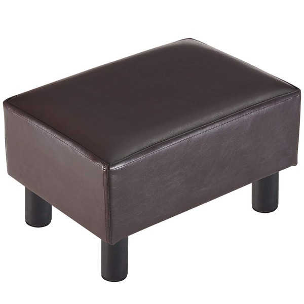 YOUDENOVA 16 inches Footstool Ottoman with 4 Stable Wooden Legs, Small Under Desk Footrest, Brown PU Faux Leather Step Stool with Padded Seat for Living Room Bedroom