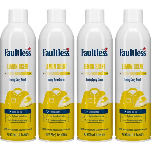 Faultless Lemon Laundry Starch Spray, Lemon Scented Spray Starch 20 oz Cans for a Smooth Iron Glide on Clothes & Fabric Even Spray, Easy Iron Glide, No Reside (Pack of 4)