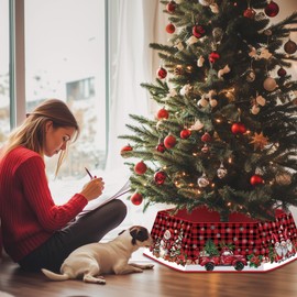 Christmas Tree Collar for Artificial Trees, Buffalo Plaid Rustic Country Red Truck Snowman Christmas Decoration, Fabric Hexagonal Base Tree Collar Skirt for Xmas Tree Decorations Holiday Party