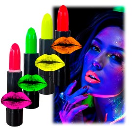 GRUPO CARNAVALLIA Pintura Facial con Labiales UV 4 Labiales Neón Luminoso Luz Uv Negra Lipstick Halloween, Base Cremosa Balsamo Labios de Colores