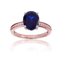 Sterling Silver Rose 1mm Round Created White Sapphire Channel Set & 10x8 Oval Created Blue Sapphire Engagement Ring