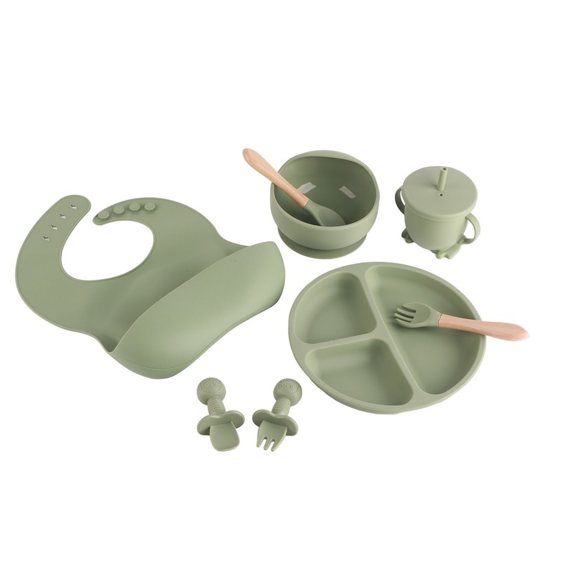 8 Pcs Silicone Baby Feeding Set Bib Suction Plate Bowl