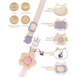Cat Collar with Flower,Cat Collars for Girl Cats and Boy Cats,Breakaway Cat Collar with Bells,Adjustable Kitten Collar,Cute cat Collar (Beige, Breakaway)