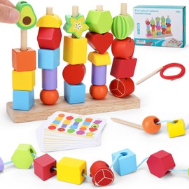 Wooden Toys for Kids Ages 3+, Lacing Beads & Stacking Blocks Set, Educational Sorting Toy for Preschoolers, Fine Motor Skills Development with Blocks, Travel Gift for Boys & Girls