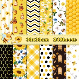 Bee Scrapbook Paper 12 x 12 Double Sided - 24 Sheets Yellow Black Floral Honeycomb Scrapbooking Patterned Specialty Decorative Craft Paper Sheet for Card Making Photo Album