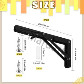 Mardatt 2Pcs 10" Black Folding Shelf Brackets, Heavy Duty Stainless Steel Triangle Shelf Bracket Collapsible Wall Mounted Shelf Bracket with Screws and Anchors Space Saving for Table Work Bench