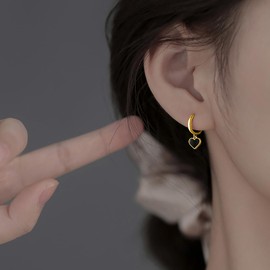 SLUYNZ 925 Sterling Silver Black Heart Hoop Earrings for Women Teen Hoop Earrings Heart Drop (B-Gold Plated)