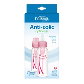 Dr. Brown's Natural Flow Anti-Colic Options+ Narrow Baby Bottles, 8oz/250mL, with Level 1 Slow Flow Nipples, 2-Pack, Pink, 0m+