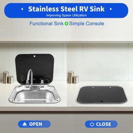 Portable Bar Caravan RV Sink with Rotated and Retracted Faucet & Glass Lid Stainless Steel Sink Hand Wash Basin Small Outdoor RV Kitchen Sink Trailer Camper Sink Bar Sink