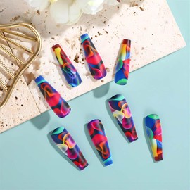 RUOKEXIN Acrylic Press on Nails Long Coffin Fake Nails with Nails Glue Long Ballet False Nails with Water Ripple Rainbow Designs Colorful Full Cover Artificial Nails Press Ons Stick on Nails 24Pcs
