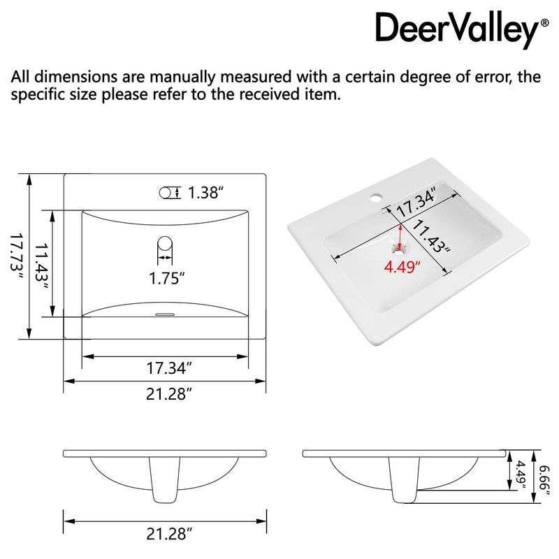 DeerValley 21"x18" Drop-In Bathroom Sink Ceramic Rectangle Vessel Sink with