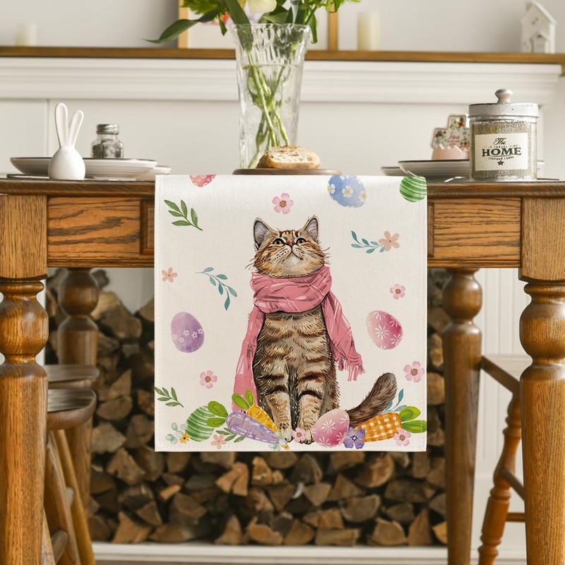Artoid Mode Flowers Easter Eggs Cat Carrot Easter Table Runner,