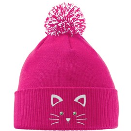 Hippowarehouse Cute Kitty Cat Face Embroidered Beanie Hat with Bobble Fuchsia