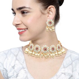 Aheli Handcrafted Enamel Meenakri Choker Necklace with Earrings Indian Traditional Jewelry Set for Women